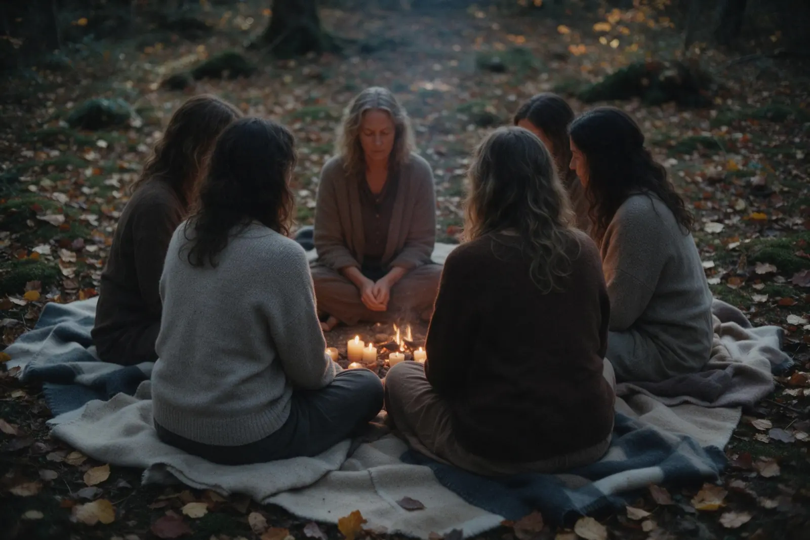 Kleiner Kreis von Frauen auf Decken am Waldboden in der Dämmerung, ein Feuer in der Mitte.